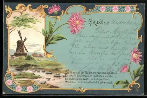 Künstler-AK Windmühle am Gewässer nahe Bauernhäusern, Wie könnt` ich da schreiben? Ich gebe es auf