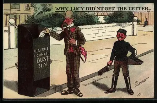 Künstler-AK Mit Sakko bekleideter Herr wirft Brief in Aschekasten