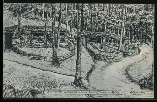 Künstler-AK Mannschafts-Unterstand u. Komp.-Geschäftszimmer III. /23 in einem Wald