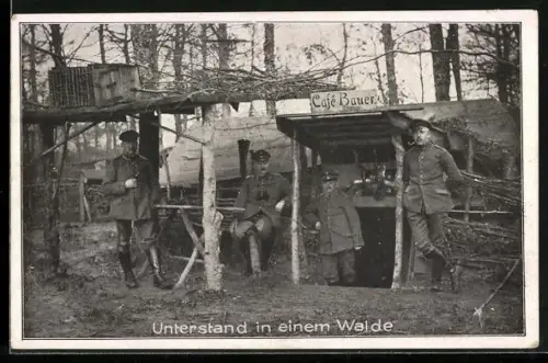 AK Unterstand in einem Wald, Eingang zum Unterstand Café Bauer