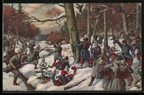 Künstler-AK Kämpfe im winterlichen Argonnenwald