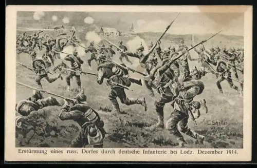 Künstler-AK Lodz, Erstürmung eines russ. Dorfes durch deutsche Infanterie bei Lodz, Dezember 1914