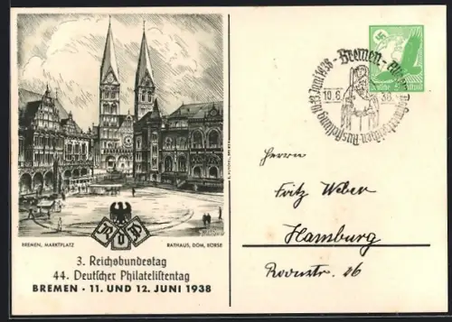 AK Bremen, 44. Deutscher Philatelistentag 1938, Ganzsache
