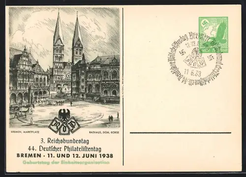 AK Bremen, 44. Deutscher Philatelistentag 1938, Ganzsache