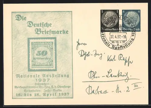 AK Berlin, Nationale Ausstellung Die Deutsche Briefmarke 1937, Ganzsache