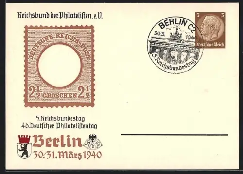 AK Berlin, 46. Deutscher Philatelistentag 30. + 31. März 1940, Ganzsache