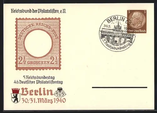 AK Berlin, 46. Deutscher Philatelistentag 30. + 31. März 1940, Ganzsache