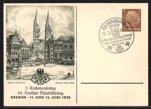 AK Bremen, 44. Deutscher Philatelistentag 1938, 3. Reichsbundestag, Ganzsache