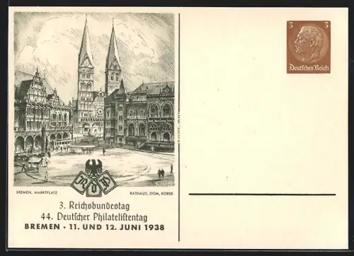 AK Bremen, 44. Deutscher Philatelistentag 1938, 3. Reichsbundestag, Ganzsache