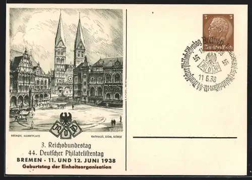 AK Bremen, 44. Deutscher Philatelistentag 1938, 3. Reichsbundestag, Ganzsache