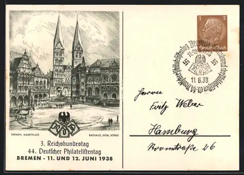 AK Bremen, 44. Deutscher Philatelistentag 1938, 3. Reichsbundestag, Ganzsache