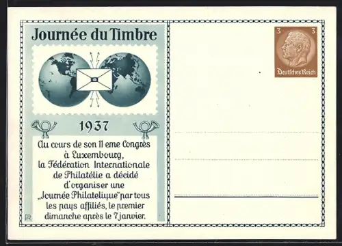 AK Luxembourg, Journee du Timbre 1937, Ganzsache