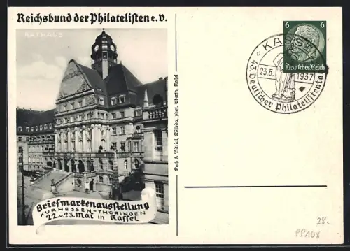 AK Kassel, Rathaus, Briefmarken-Ausstellung, Reichsbund der Philatelisten e. V., Ganzsache