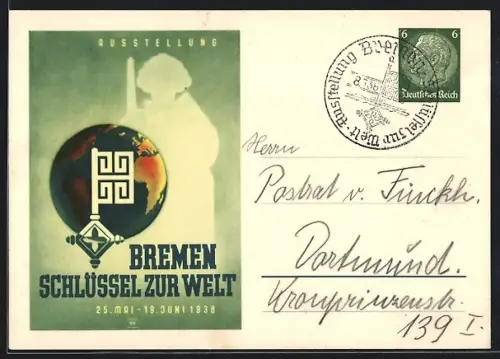 Künstler-AK Bremen, Ausstellung Schlüssel zur Welt 1938, Ganzsache