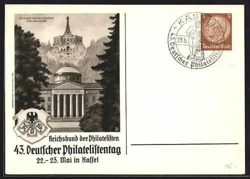 AK Kassel, 43. Deutscher Philatelistentag, Mai 1937, Wappen, Schloss Wilhelmshöhe und Herkules, Ganzsache