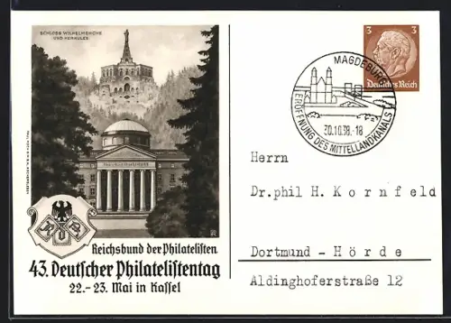 AK Kassel, 43. Deutscher Philatelistentag, Mai 1937, Wappen, Schloss Wilhelmshöhe und Herkules, Ganzsache