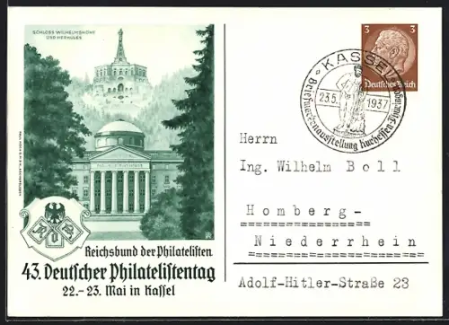 AK Kassel, 43. Deutscher Philatelistentag, Mai 1937, Wappen, Schloss Wilhelmshöhe und Herkules, Ganzsache