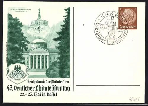 AK Kassel, 43. Deutscher Philatelistentag, Mai 1937, Wappen, Schloss Wilhelmshöhe und Herkules, Ganzsache