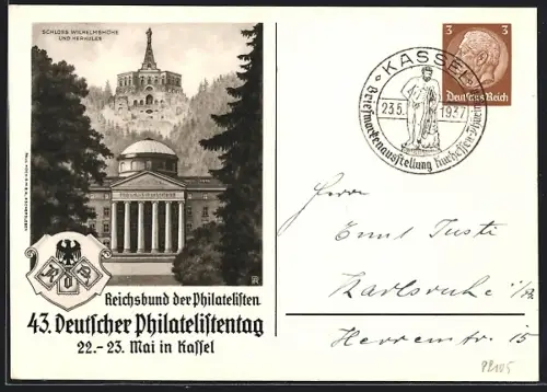 AK Kassel, 43. Deutscher Philatelistentag, Mai 1937, Wappen, Schloss Wilhelmshöhe und Herkules, Ganzsache