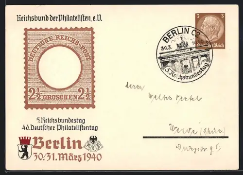 AK Berlin, 46. Deutscher Philatelistentag 30. + 31. März 1940, Ganzsache