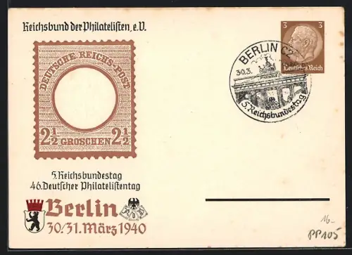 AK Berlin, 46. Deutscher Philatelistentag 30. + 31. März 1940, Ganzsache