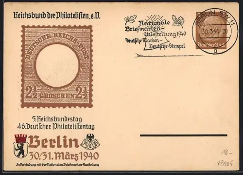 AK Berlin, 46. Deutscher Philatelistentag 30. + 31. März 1940, Ganzsache