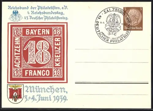 AK München, 45. Deutscher Philatelistentag, 3. + 4. Juni 1939, Münchner Kindl, Ganzsache