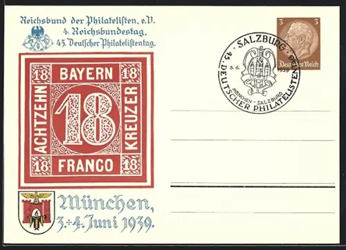 AK München, 45. Deutscher Philatelistentag, 3. + 4. Juni 1939, Münchner Kindl, Ganzsache