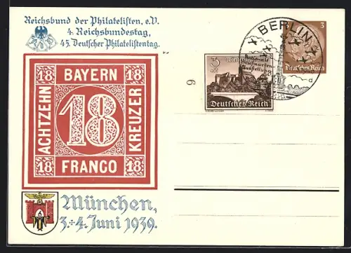 AK München, 45. Deutscher Philatelistentag, 3. + 4. Juni 1939, Münchner Kindl, Ganzsache