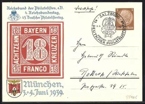 AK München, 45. Deutscher Philatelistentag, 3. + 4. Juni 1939, Münchner Kindl, Ganzsache