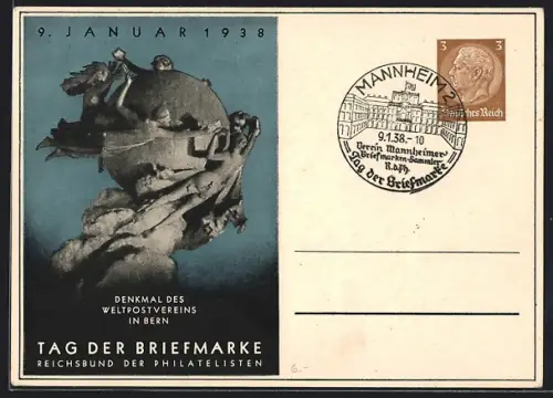 AK Tag der Briefmarke 1938, Denkmal des Weltpostvereins Bern, Ganzsache