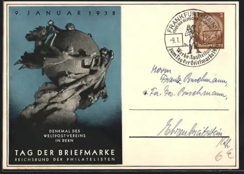 AK Tag der Briefmarke, 9. Januar 1938, Denkmal des Weltpostvereins in Bern, Ganzsache