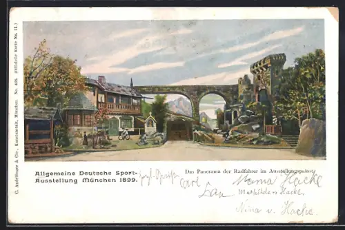 Künstler-AK München, Allgemeine Deutsche Sportausstellung 1899, Panorama der Radfahrer, Ganzsache Bayern