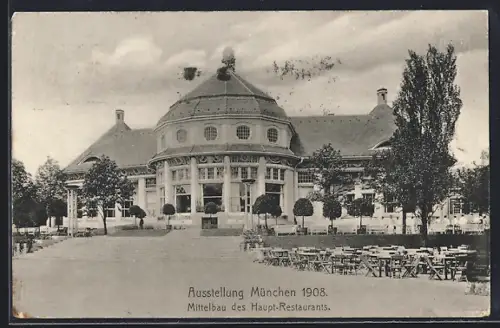 AK München, Ausstellung 1908, Haupt-Restaurant, Ganzsache Bayern