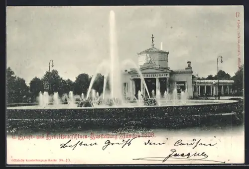 AK München, Kraft- und Arbeitsmaschinen-Ausstellung 1898, Restaurant, Ganzsache Bayern
