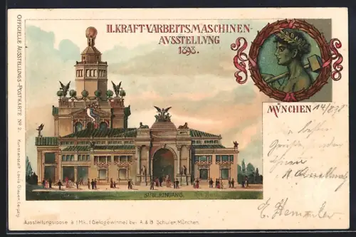 Lithographie München, II. Kraft- und Arbeitsmaschinen-Ausstellung 1898, Südlicher Eingang, Ganzsache Bayern