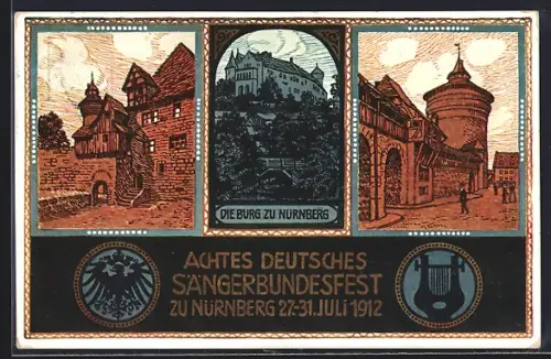 AK Nürnberg, VIII. Deutsches Sängerbundfest 1912, Burg zu Nürnberg, Harfe, Wappen, Ganzsache Bayern