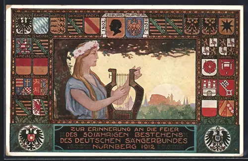 Künstler-AK Nürnberg, VIII. Deutsches Sängerbundesfest 1912, Frau mit Harfe, Wappen, Ganzsache Bayern