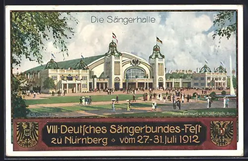 AK Nürnberg, VIII. Deutsches Sängerbundes-Fest 1912, Die Sängerhalle, Wappen, Ganzsache Bayern