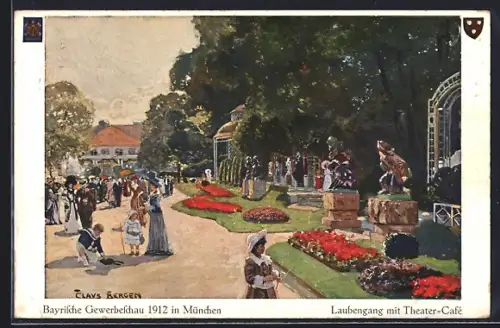 AK München, Bayrische Gewerbeschau 1912, Laubengang mit Theater-Café, Ganzsache Bayern