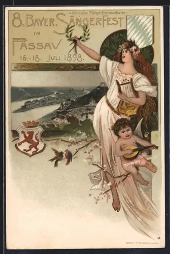Lithographie Passau, 8. Bayer. Sängerfest 1898, Wappen, Ortsansicht, Engel mit Harfe, Ganzsache Bayern
