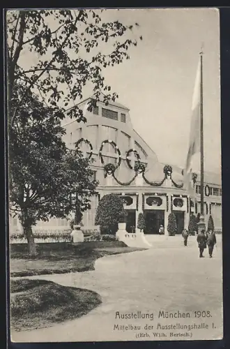 AK München, Ausstellung1908, Mittelbau der Ausstellungshalle, Ganzsache Bayern