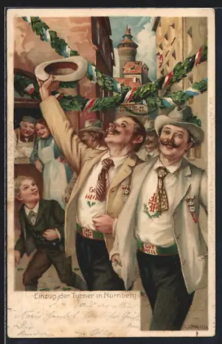 Lithographie Nürnberg, X. Deutsches Turnfest 1903, Einzug der Turner zum Turnfest, Ganzsache Bayern