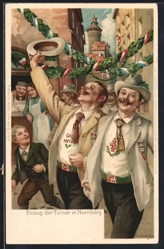 Lithographie Nürnberg, X. Deutsches Turnfest 1903, Einzug der Turner zum Turnfest, Ganzsache Bayern