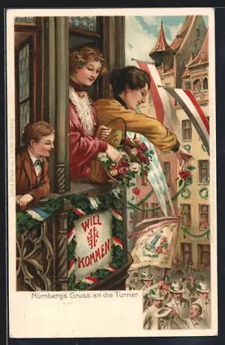 AK Nürnberg, X. Deutsches Turnfest 1903, Zuschauer an den Fenster begrüssen die Sportler, Ganzsache Bayern