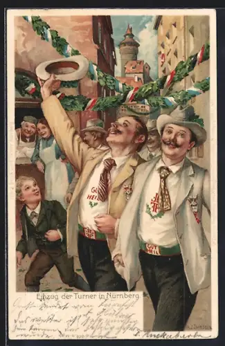 Lithographie Nürnberg, X. Deutsches Turnfest 1903, Einzug der Turner zum Turnfest, Ganzsache Bayern