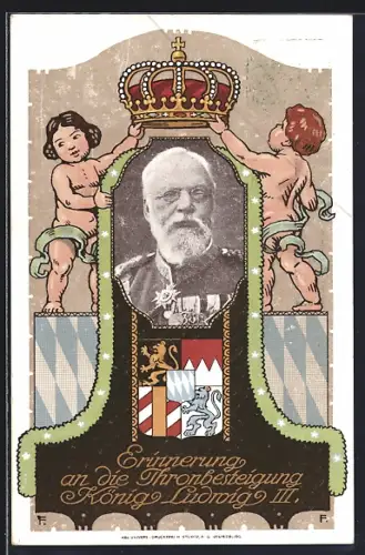 AK Erinnerung an die Thronbesteigung König Ludwig III., Portrait, Kinder mit Krone, Ganzsache Bayern