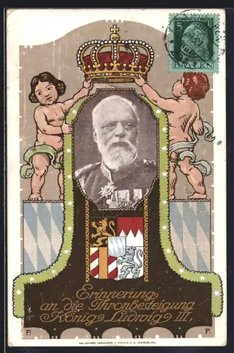 AK Erinnerung an die Thronbesteigung König Ludwig III., Portrait, Kinder mit Krone, Ganzsache Bayern