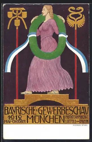 Künstler-AK Ferdinand Spiegel: München, Bayerische Gewerbe-Schau 1912, Frau mit Kranz und Schleife, Ganzsache Bayern