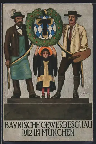 AK München, Bayerische Gewerbeschau 1912, Münchener Kindl, Wappen, Ganzsache Bayern